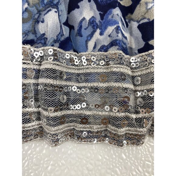 INC Women Floral Boho Flowy Pleated Skirt W/Wide Sequin Trim Blue & White SZ 6 - Picture 10 of 12